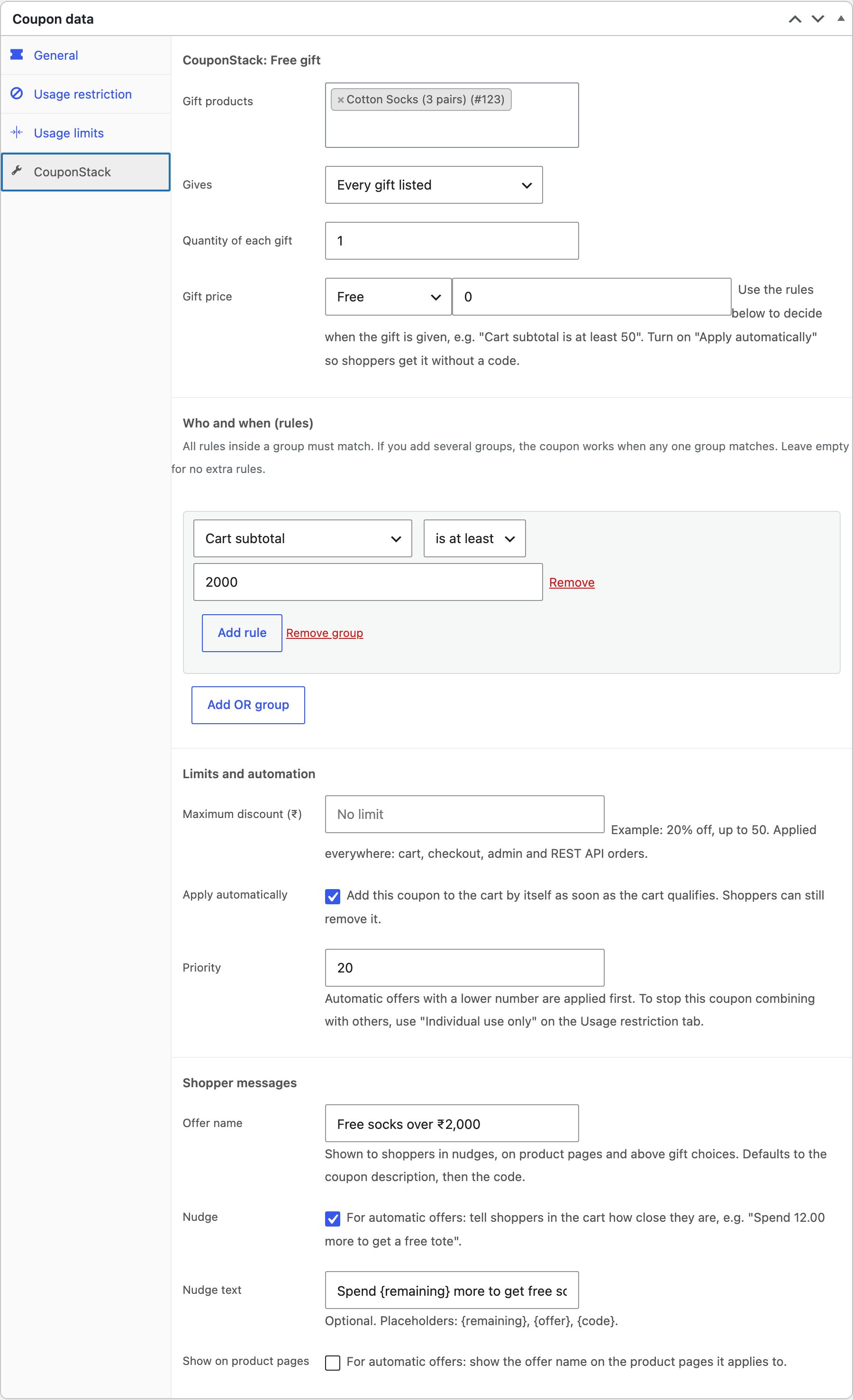 Free gift settings: free socks when the cart subtotal is at least ₹2,000