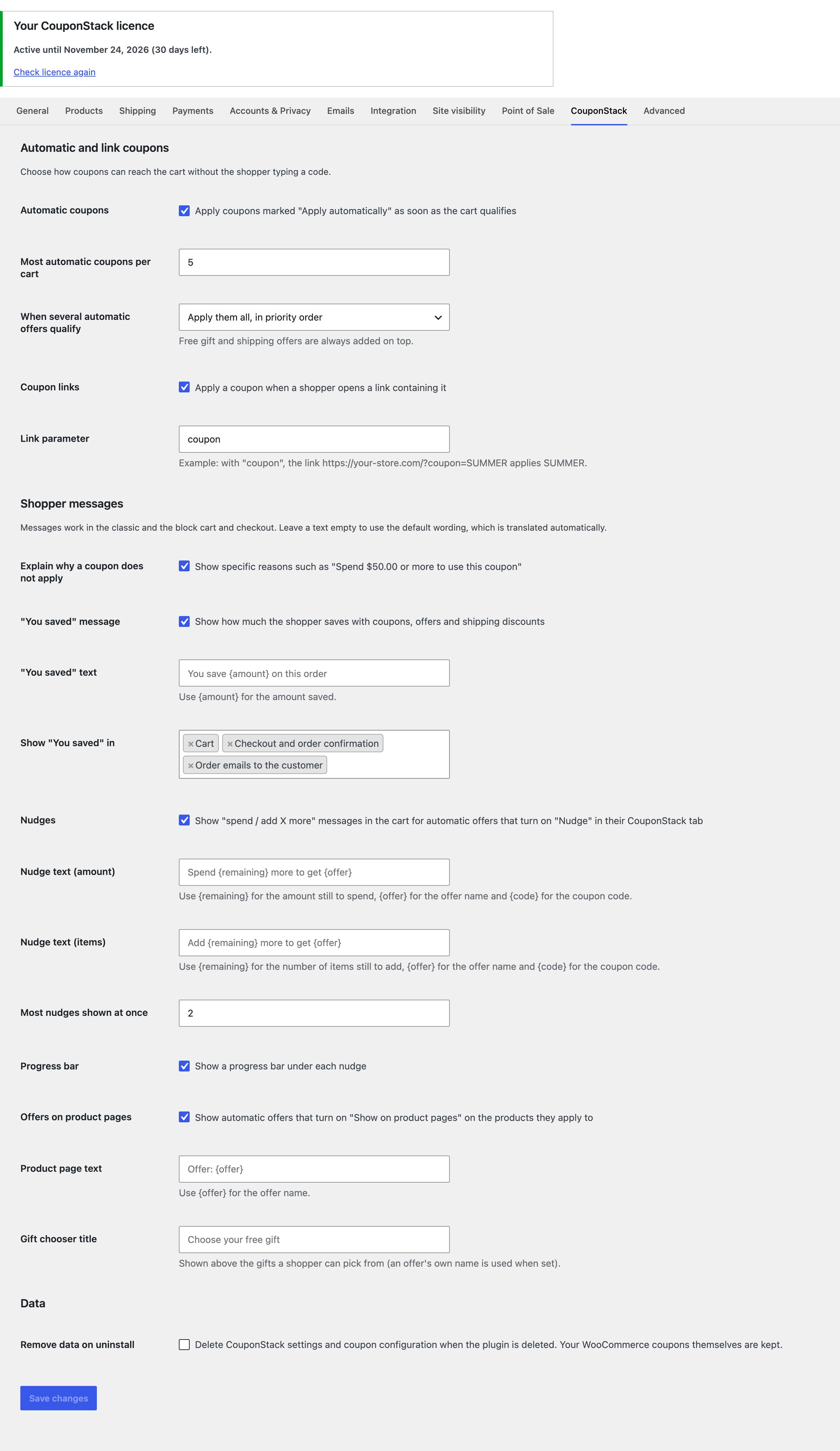 CouponStack settings: automatic coupons, coupon links and shopper messages