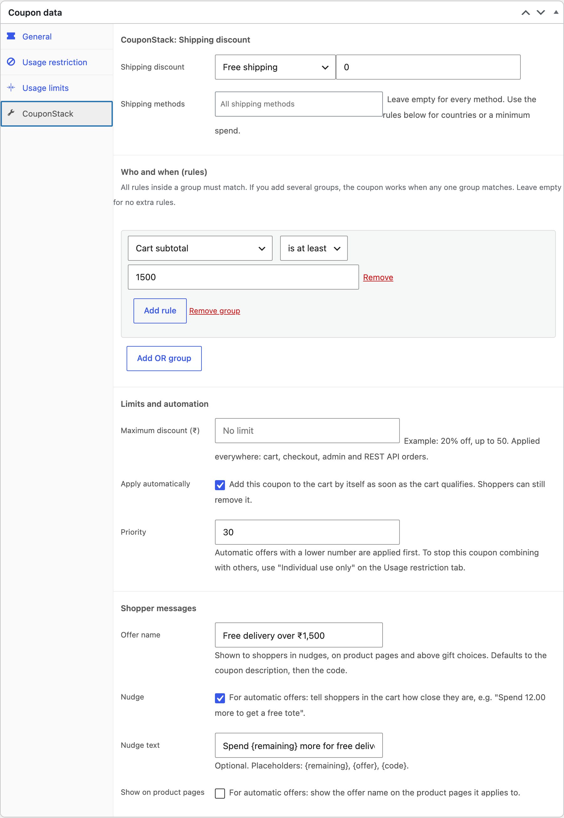Shipping discount settings: free delivery over ₹1,500