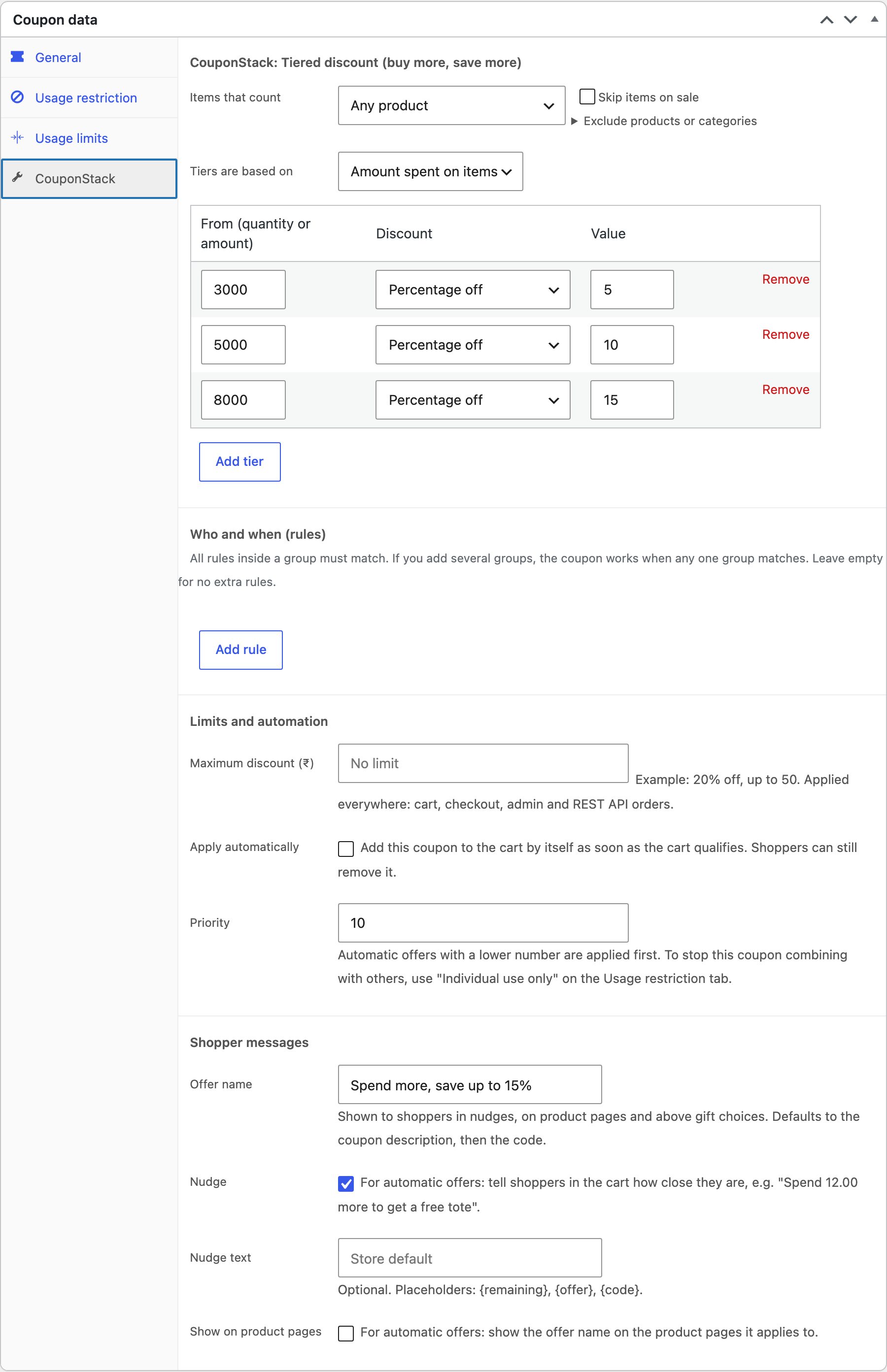 Tiered discount settings with three spending tiers